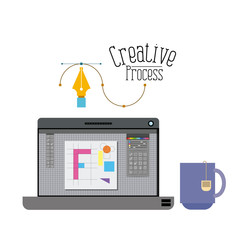 colorful background with laptop computer and mug of tea creative process vector illustration