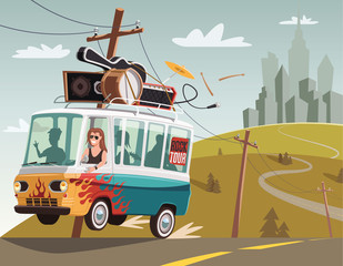Rock 'n' roll band on tour in retro van