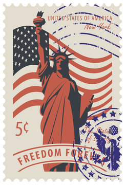 Postage stamp with statue of Liberty in background of american flag and the word freedom forever. Vector illustration of a 5-cent USA stamp with rubber stamp.