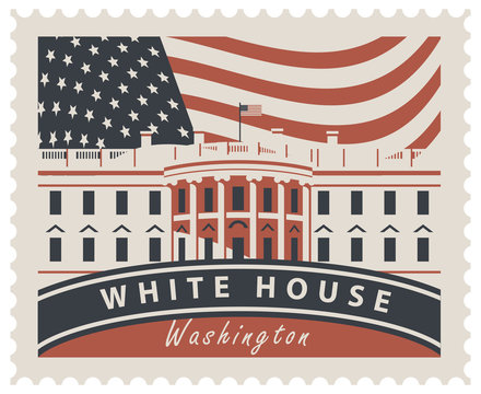 Postage stamp with inscriptions and the image of the US Capitol in Washington DC. Vector illustration White house in Washington on the background of american flag