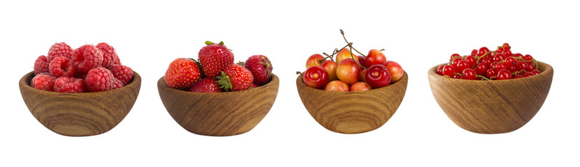 Collage of red fruits and berries isolated on white. Set of strawberries, raspberries, currants and cherries. Sweet and juicy berry with copy space for text. Ripe berries close-up. Background berry.