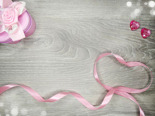 valentine's day composition of gift box teddy bear and hearts