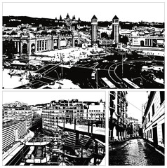 Vector set of three illustrations, grunge stencil city landscape, Barcelona, Spain