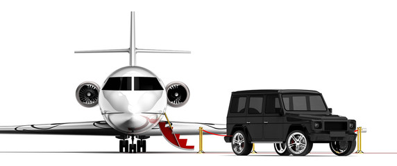 Fototapeta na wymiar Luxury Life style / 3D render image representing an luxury SUV with an private jet plane in the background 