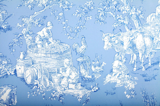 Antique blue and white french baroque pattern wallpaper depicts pastoral men and women wine making.