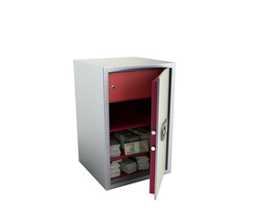Bank safe with money stacks of dollar bills 3d render on white no shadow