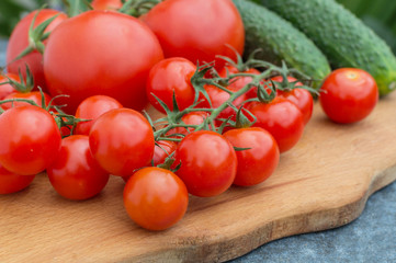 red tomatoes on a branch and board