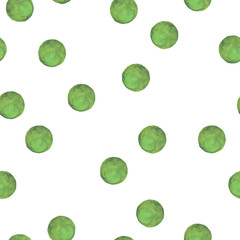 Seamless pattern with green dots on white background. Hand drawn watercolor illustration