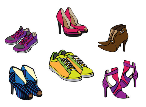 Set of diverse women's shoes on a white background