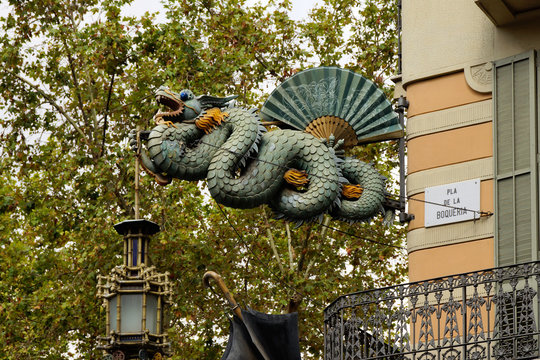 Barcelona (Spain). Dragon on the facade of the Casa Bruno Cuadros Barcelona city