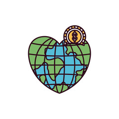 silhouette color sections money box in globe earth world in heart shape with coin with dollar symbol vector illustration