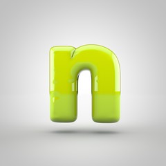 Glossy lime paint letter N lowercase isolated on white background