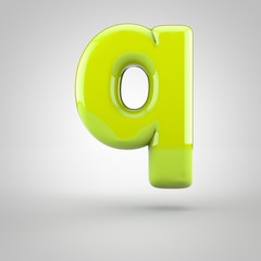 Glossy lime paint letter Q lowercase isolated on white background
