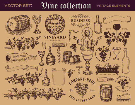 Fototapeta Various retro style vector elements for wine industry