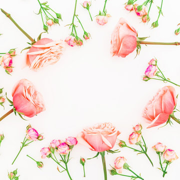 Frame made of pink roses and buds on white background. Flat lay, top view. Floral background.