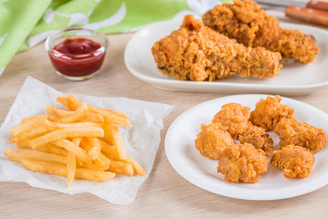 Crispy fried chicken and french fries
