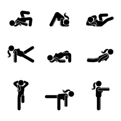 Exercises body workout stretching woman stick figure. Healthy life style vector illustration pictogram.