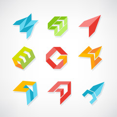 Set of minimal geometric multicolor symbol set shapes. Trendy icons and logotypes. Business signs symbols, labels, badges, frames and borders