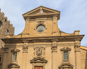Fototapeta na wymiar Facade of Santa Trinita (Holy Trinity) church in Florence, Tuscany - Roman Catholic church located in front of Piazza Santa Trinita 