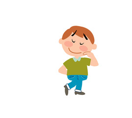 Cartoon character boy shy; isolated vector illustration.