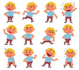Cartoon character boy set with different postures, attitudes and poses, doing different activities in isolated vector illustrations.