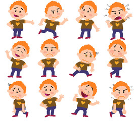 Set of cartoon character boy in different postures, attitudes and poses, doing different activities in isolated vector illustrations.