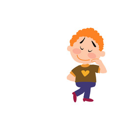 Cartoon character boy shy; isolated vector illustration.