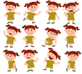 Cartoon character girl set with different postures, attitudes and poses, doing different activities in isolated vector illustrations.