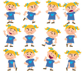 Cartoon character girl set with different postures, attitudes and poses, doing different activities in isolated vector illustrations.
