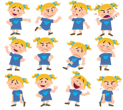 Cartoon Character Girl Set With Different Postures, Attitudes And Poses, Doing Different Activities In Isolated Vector Illustrations.