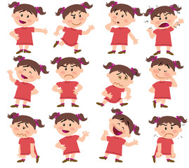 Cartoon character girl set with different postures, attitudes and poses, doing different activities in isolated vector illustrations.