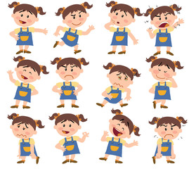 Cartoon character girl set with different postures, attitudes and poses, doing different activities in isolated vector illustrations.