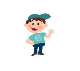 Cartoon character boy in approval attitude; isolated vector illustration.