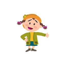 Cartoon character girl showing; isolated vector illustration.