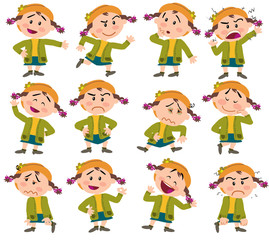Cartoon character girl set with different postures, attitudes and poses, doing different activities in isolated vector illustrations.