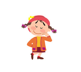 Cartoon character girl shy; isolated vector illustration.
