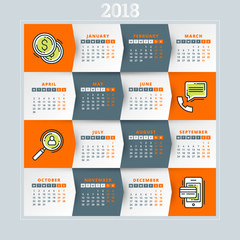 Calendar for 2018 year. Vector design template. Week starts on Monday. Flat style color vector illustration with business icons