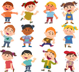 Set of cartoon characters to boys and girls with different postures, attitudes and poses, doing different activities in isolated vector illustrations: showing, angry, serious…