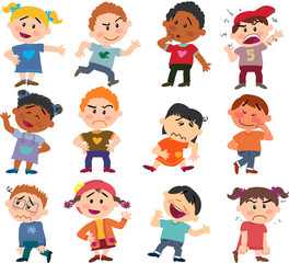 Set of cartoon characters to boys and girls with different postures, attitudes and poses, doing different activities in isolated vector illustrations: showing, angry, serious…