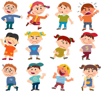 Set of cartoon characters to boys and girls with different postures, attitudes and poses, doing different activities in isolated vector illustrations: showing, angry, serious…