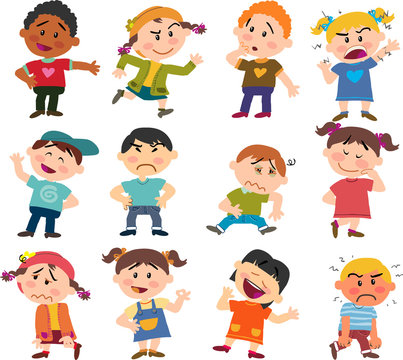 Set of cartoon characters to boys and girls with different postures, attitudes and poses, doing different activities in isolated vector illustrations: showing, angry, serious…
