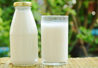 bottle and glass of milk on bamboo mat in garden