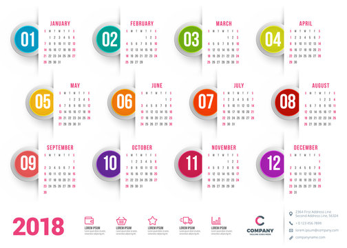 Calendar for 2018 year. Vector design stationery template. Week starts on Sunday. Flat style color vector illustration. Yearly calendar template