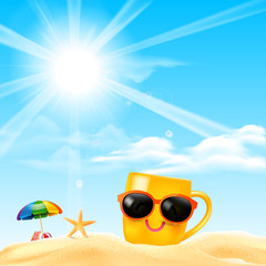 Happy smile yellow mug cartoon on the beach with blue sky and sunray effect with copy space for summer vacation concept vector illustration eps10