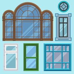 Different types house windows elements flat style frames construction decoration apartment vector illustration.