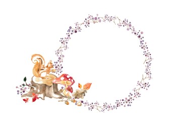 秋の森、カード、木の実とリス