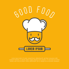Logo for cafe or restaurant with chef in hat with mustache. Thin line vector illustration.