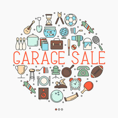 Garage sale or flea market concept in circle with text inside. Thin line vector illustration.