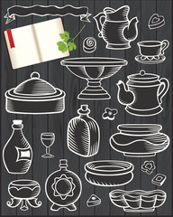 Hand drawn doodle crockery set. Vector illustration