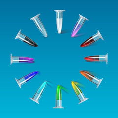 Set test tube multi color circle on blue